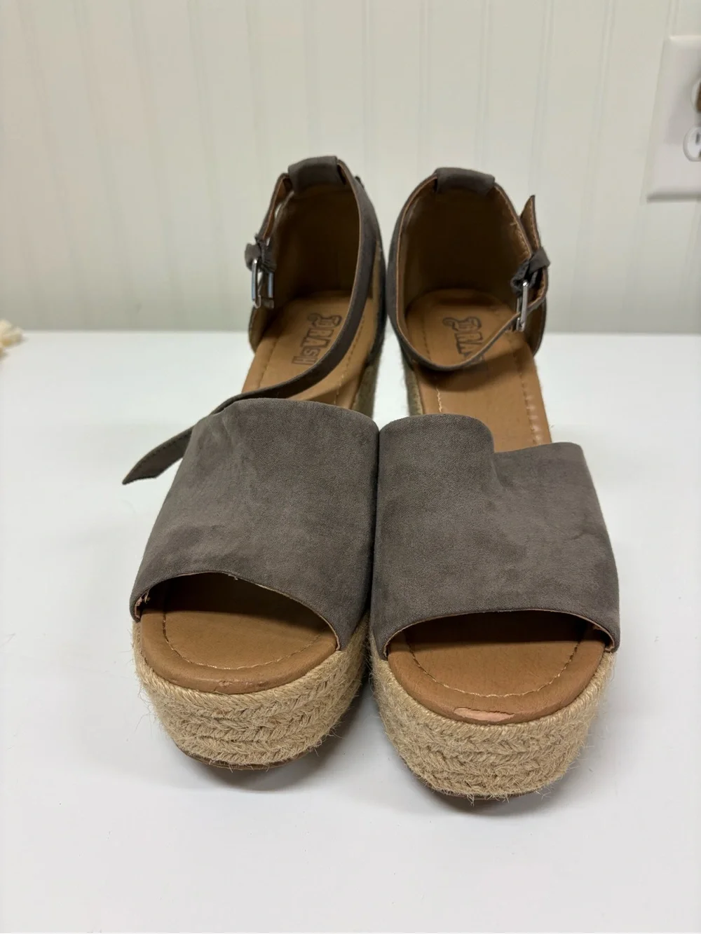 Brash Gray Suede Espadrille Wedge Sandals with Ankle Buckle
